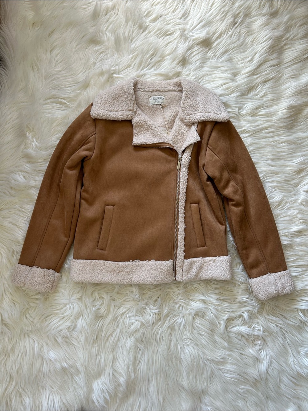 Z Supply Tan Shearling Trim Jacket in Faux Suede, Small